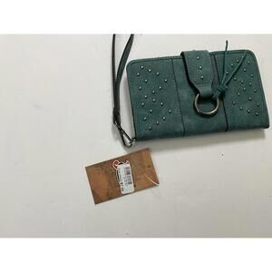 Teal Studded Wristlet Wallet with Card Slots and Zipper Pocket